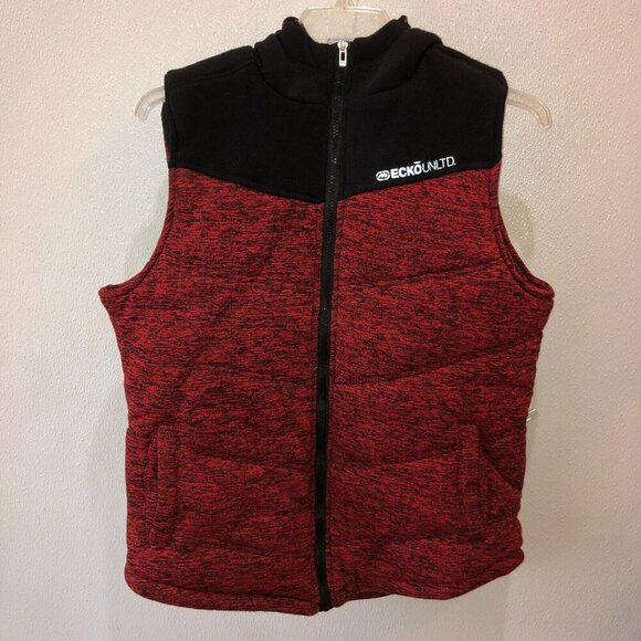 Ecko Unltd Mens Medium Red Black Heather Full Zip Hooded Hood Puffer Vest Size M - Picture 6 of 8